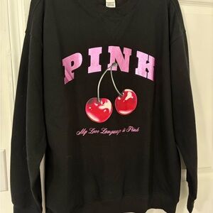 PINK Victoria's Secret Black Crewneck with Pink Logo and Cherry Graphic
